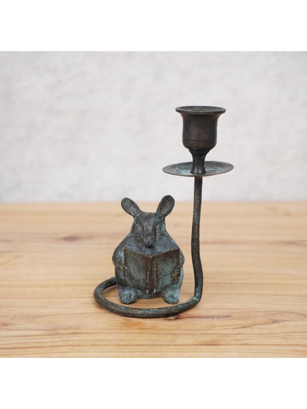 Vintage Bronze Mouse Reading Book CandleHolder Oxidized Finish 5" Tall